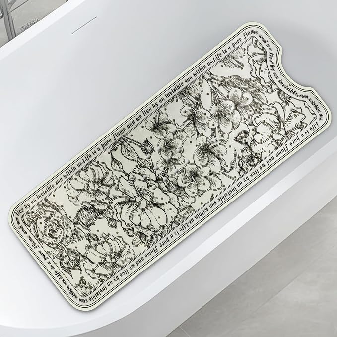 Non-Slip Large Bathtub Mat - 39.4"x15.8" with 200 Suction Cups, Massage Pebble Design & 176 Drain Holes, Safe Shower Mat for Elderly, Kids, Spa, Machine Washable, Floral Pattern