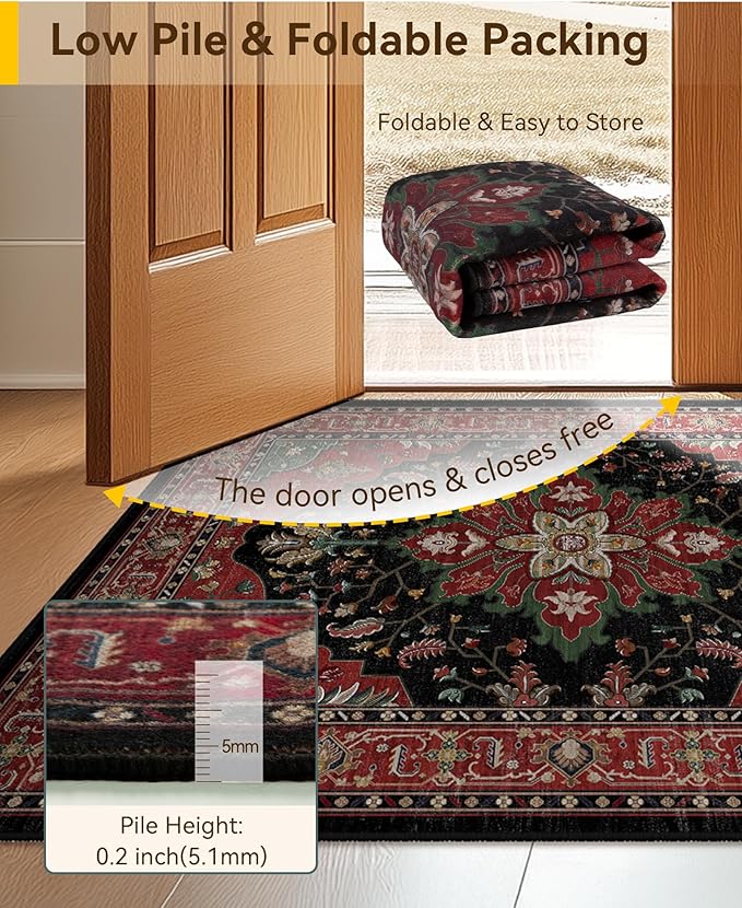 RELEANY Area Rugs 6'x9' Washable Non-Slip, Floral Vintage Distress Medallion Carpet for Living Room Bedroom Dining Room, Red Black