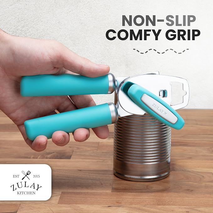 Zulay Kitchen Heavy Duty Stainless Steel Can Opener Manual with Bottle Opener - Rust Proof Manual Can Opener With Turn Knob & Comfy Soft Grip Handles - Turquoise