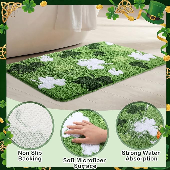 Capoda St. Patrick's Day Bathroom Rug 20 x 30 Inch Green White Shamrock Door Mat Non-Slip Washable Soft Irish Clover Welcome Floor Mat for Indoor Outdoor Home Kitchen Bathroom Decor(1 Pcs, Shamrock)