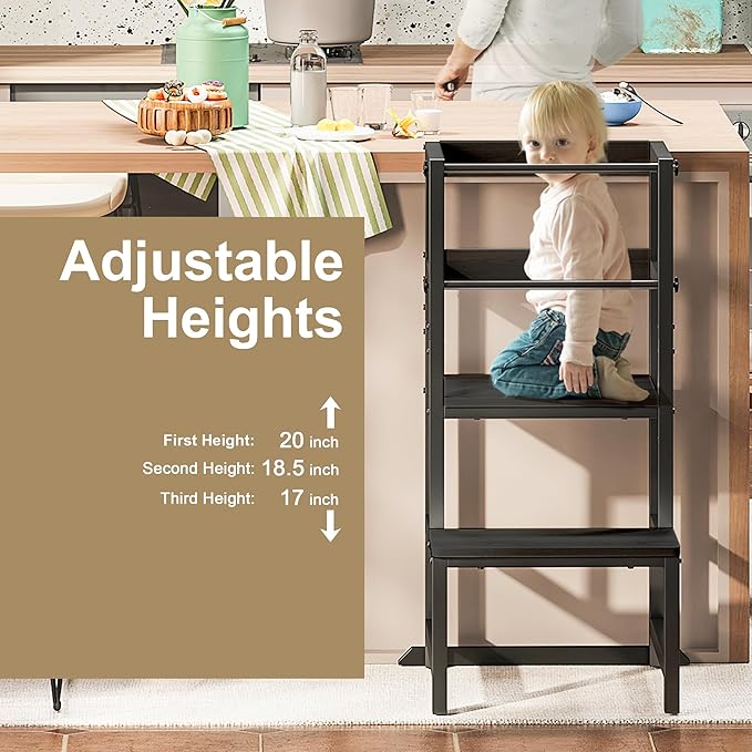 INNOD Kitchen Step Stool for Toddlers, Height Adjustable Toddler Tower with Safety Rail, Steel and Wood Toddler Kitchen Stool Helper Kids, Stool for Kids, Learning Tower, Kids' Desk Black