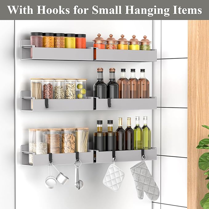 HuggieGems 6 Pack Magnetic Spice Rack Organizer for Refrigerator and Oven, Light Grey Fridge Organizers and Storage for Kitchen