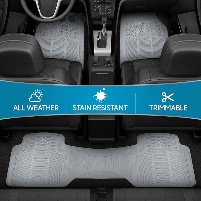 BDK ProLiner Car Floor Mats for Cars Trucks SUV, 3-Piece All-Weather Heavy Duty Rubber Liners with Universal Trimmable Fit, Durable Waterproof Vehicle Auto Floor Mats with Capture Ridges Gray