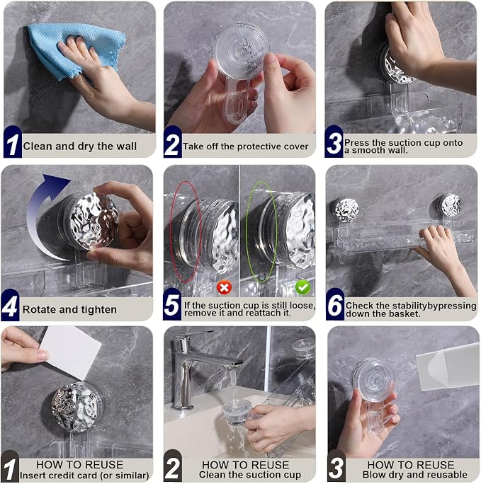 Suction Cup Shower Caddy, Corrugated Suction Cup Storage Holder, No Drilling Bathroom Organizer with 4 Removable Hooks, Shower Shelves for Inside, Clear