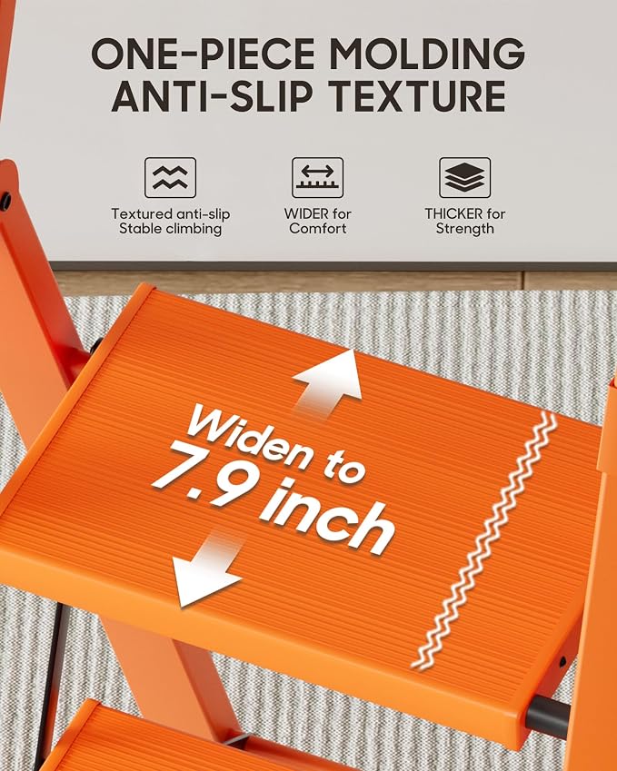 HillhutApex 3 Step Foldable Aluminum Step Ladder with Handgrip, Anti-Slip Pedal, 330 lbs Capacity, Lightweight & Portable for Home, Kitchen, Office, Garage (Orange)