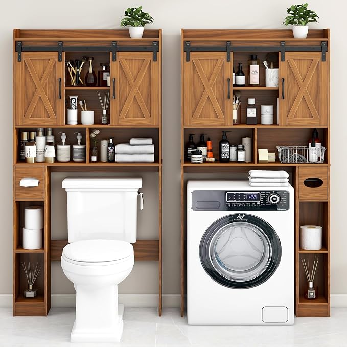 Vabches Over The Toilet Storage Cabinet, Farmhouse Storage Cabinet Over Toilet with Sliding Doors，Home Space-Saving Toilet Rack, for Restroom, Bathroom, Laundry,Caramel