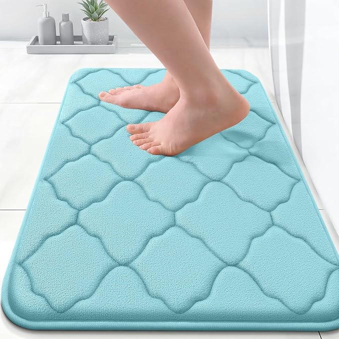 OLANLY Memory Foam Bath Mat Rug 24x16, Ultra Soft and Absorbent Bathroom Rugs, Non-Slip, Comfortable, Machine Washable Bath Carpet for Bathroom Floor, Tub, Shower and Home Decor Accessories, Sky Blue