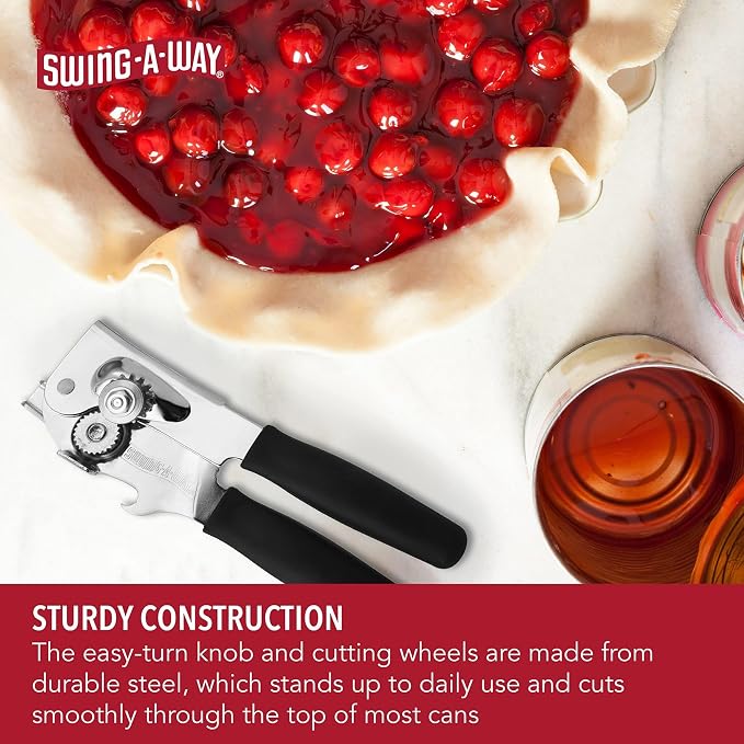 Swing-A-Way 8.6" Portable Can Opener with Sharp Blade, Manual Handheld, 2-in-1 Can & Bottle Opener, Made of Steel, Easy Turn Knob, Kitchen Essential for Cans, Bottles & Jars - 2-Pack (White & Black)
