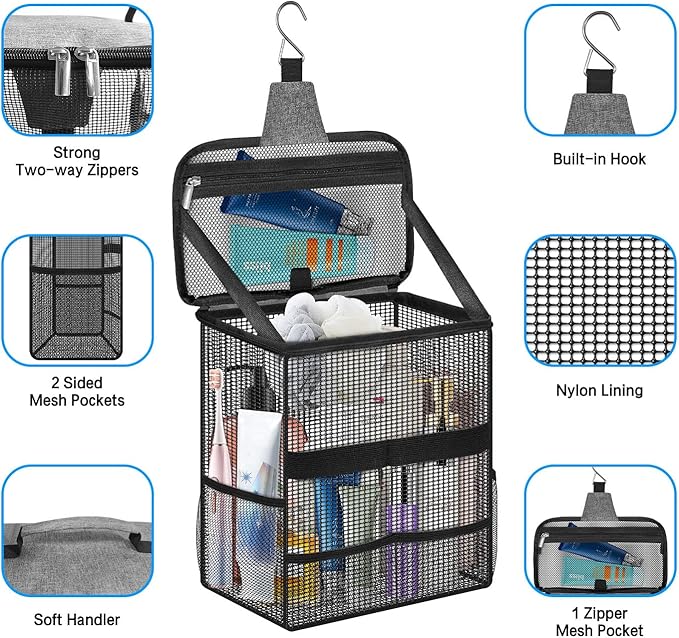 Boczif Shower Bag Mesh Caddy, Toiletry Bags for Travel, Bathroom, Gym, Camp Women Men, Shower Organizer Tote Bag for College Dorm Students Girls Boys, Portable Quick Dry and with Metal Hook