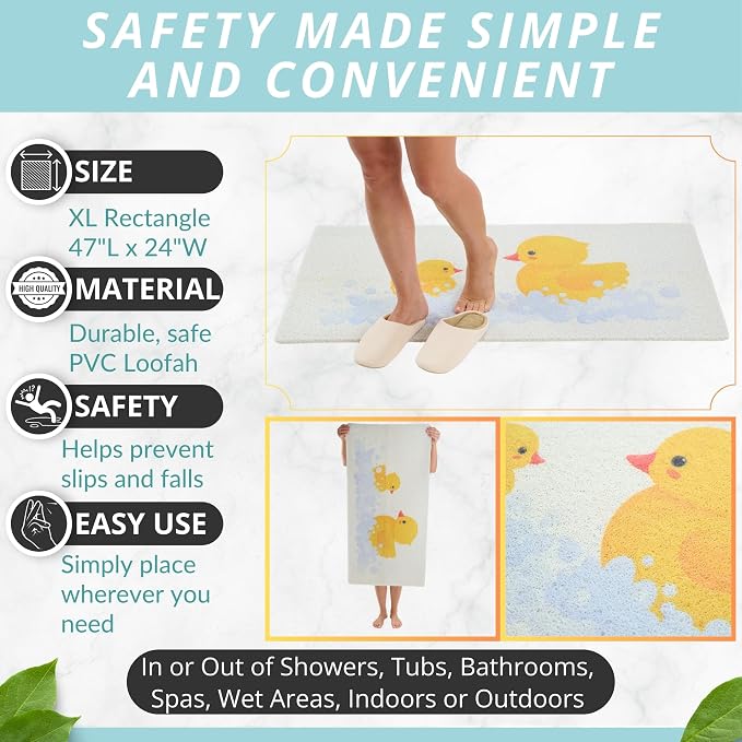 Anti Slip Shower Mat - Non Slip Shower Mats for Inside Shower - Large 47x24 Loofah Shower Floor Mat Non Slip - Bath Mat for Shower - Secure Mat Without Suction Cups (47x24 Duck)