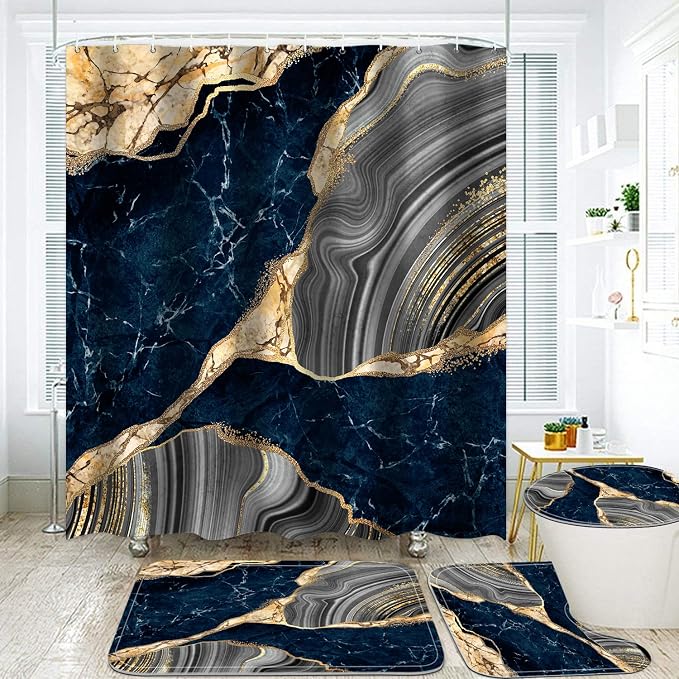 Nkzply 4 Pcs Blue Marble Shower Curtain Sets with Rugs Gold Bathroom Sets with Shower Curtain and Rugs Modern Abstract Grey Bathroom Accessories Decor Toilet Lid Cover and 12 Hooks