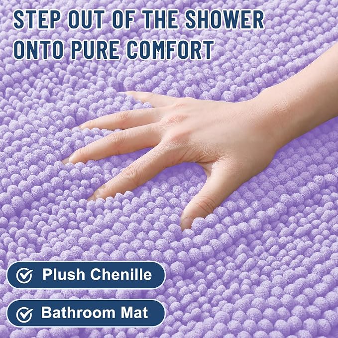 Grandaily Chenille Striped Bathroom Rugs 47x24, Extra Thick and Soft Absorbent Bath Mats, Rubber Backing, Plush Shaggy Shower Carpet, Machine Wash Dry, Bath Rug for Bathroom, Light Purple