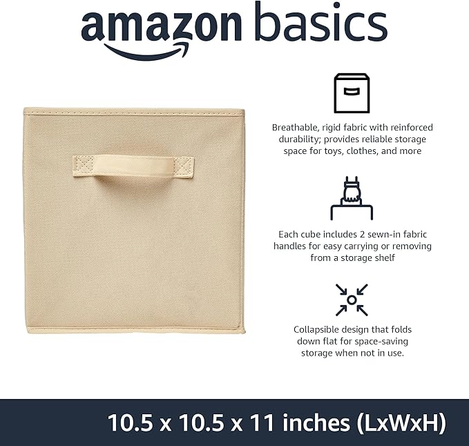 Amazon Basics Collapsible Fabric Storage Cubes Organizer with Handles, Sturdy Storage Bins for Organization, 10.5" x 10.5" x 11", Beige, 6-Pack