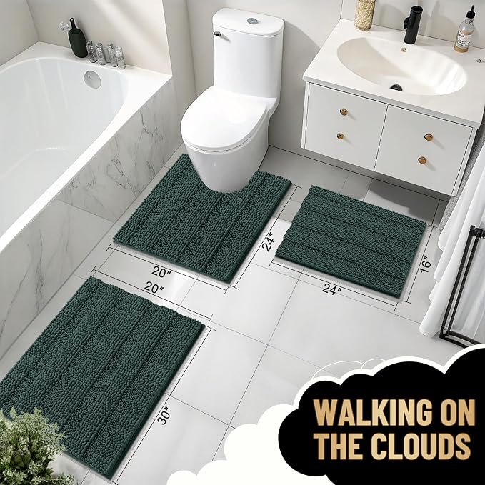 OLANLY Thick Bathroom Rugs 30x20, Extra Absorbent Chenille Striped Bath Rugs, Rubber Backing, Machine Wash Dry, Bath Mats for Bathroom Floor, Tub and Shower, Home Decor Accessories, Blackish Green