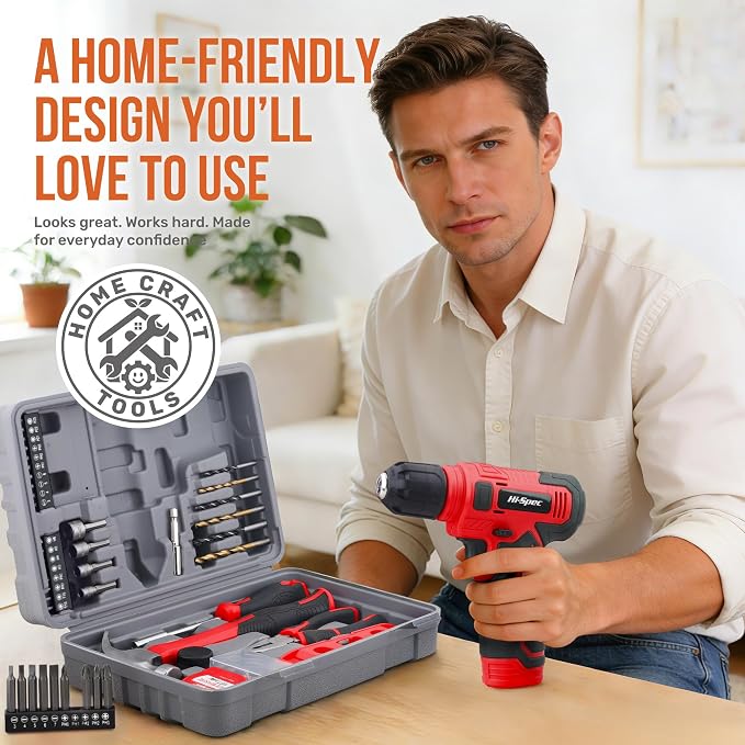 Hi-Spec 8V Cordless Drill Set & Starter Tool Kit – Rechargeable USB Electric Power Drill Driver, Compact Home Tool Set with Accessories, Red, Perfect for DIY Enthusiasts
