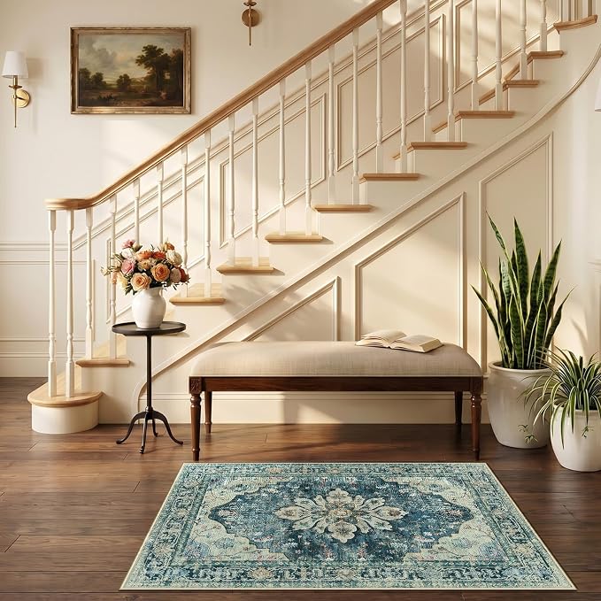 RELEANY Area Rugs Small 2'6"x4' Washable Non-Slip, Floral Vintage Distress Medallion Carpet for Kitchen Entryway Bathroom, Dark Blue Vintage