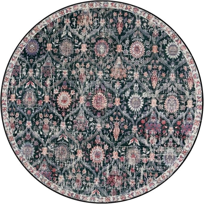Lahome Moroccan Trellis Round Area Rugs, Washable Small Round Rug 3ft Non-Slip, Soft Vintage Ultra-Thin Circle Carpet for Bedroom Entryway Kitchen Laundry Bathroom Elise, Black/Multi