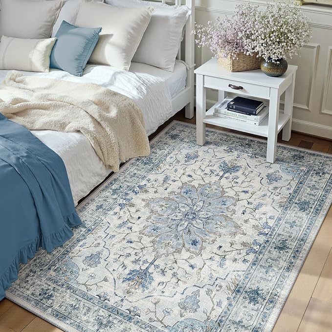RELEANY Area Rugs 3'x4' Washable Non-Slip, Floral Vintage Distress Medallion Carpet for Living Room Bedroom Dining Room, Light Blue Navy Gray White