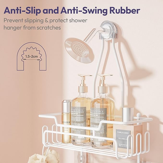 SWTYMIKI Bathroom Shower Caddy Hanging - 3 Tier Rustproof Over Shower Head Organizer, No Drilling Bathroom Shelf with 16 Hooks & Soap Holder, Anti-Swing Rack for Shampoo,Sponge,Towel, White, Medium
