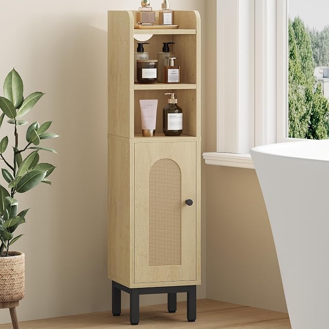 Hzuaneri Bathroom Storage Cabinet, Small Corner Floor Cabinet with Door and Shelves, Narrow Toilet Paper Holder, Bathroom Organizer with Adjustable Shelf, for Small Spaces, Rattan Yellow BC08202Y