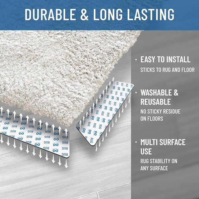 Everlasting Comfort Area Rug Gripper for Hardwood Floors - No Damage Non Slip Rug Pads, Floor to Carpet Tape for Holding Rugs in Place, Washable and Reusable, Double Sided Anti Slip Tape - 8 Pack