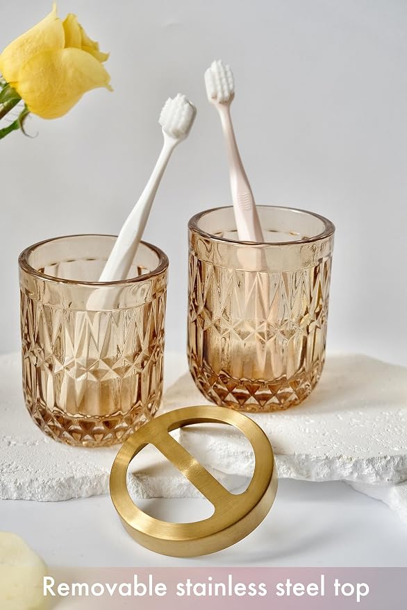 LaMarriti Brown Bathroom Accessories Set, 5Pcs Glass Bathroom Set, Soap Dispenser and Toothbrush Holder Set, Soap Dish, Qtips Holder, Tumbler for Crystal Vintage Bathroom Decor