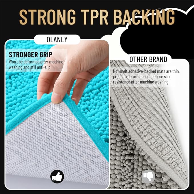 OLANLY Thick Small Bathroom Rugs 24x16, Extra Soft Absorbent Chenille Striped Bath Rugs, Rubber Backing, Machine Wash, Bath Mats for Bathroom Floor, Tub and Shower, Home Decor Accessories, Aqua Sky