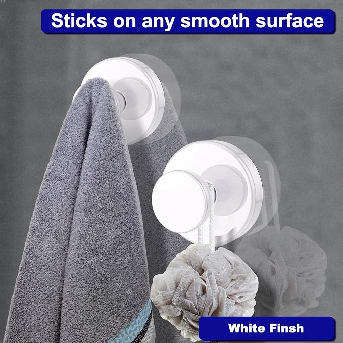 Bntuk Suction Cup Hooks for Shower, Removable Towel Hooks for Bathroom Window Glass Door Wall, Bath Robe Looafh Hook for Hanging - 2 Pack, White