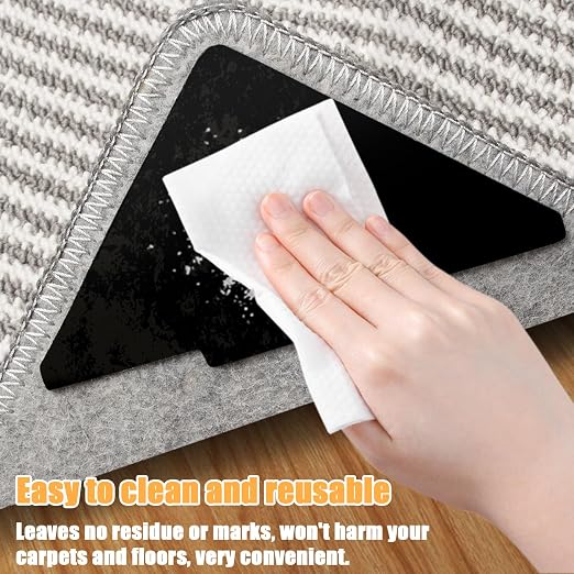 Rug Tape, 10 Pcs Double Sided Non Slip Reusable Rug Stopper, Washable Rug Pad Grippers for Hardwood Floors, Tile Floors, Carpets, Floor Mats, Wall (Black)