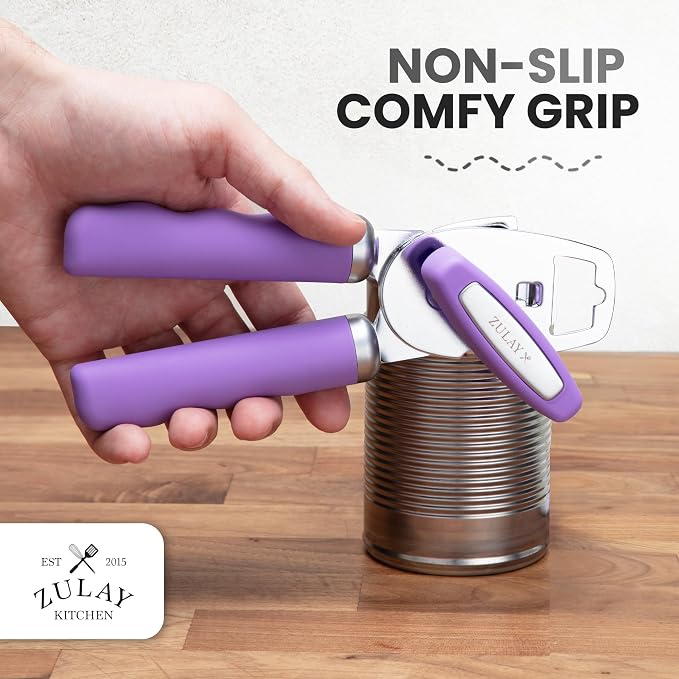 Zulay Kitchen Heavy Duty Stainless Steel Can Opener Manual with Bottle Opener - Rust Proof Manual Can Opener With Turn Knob & Comfy Soft Grip Handles - Lavender