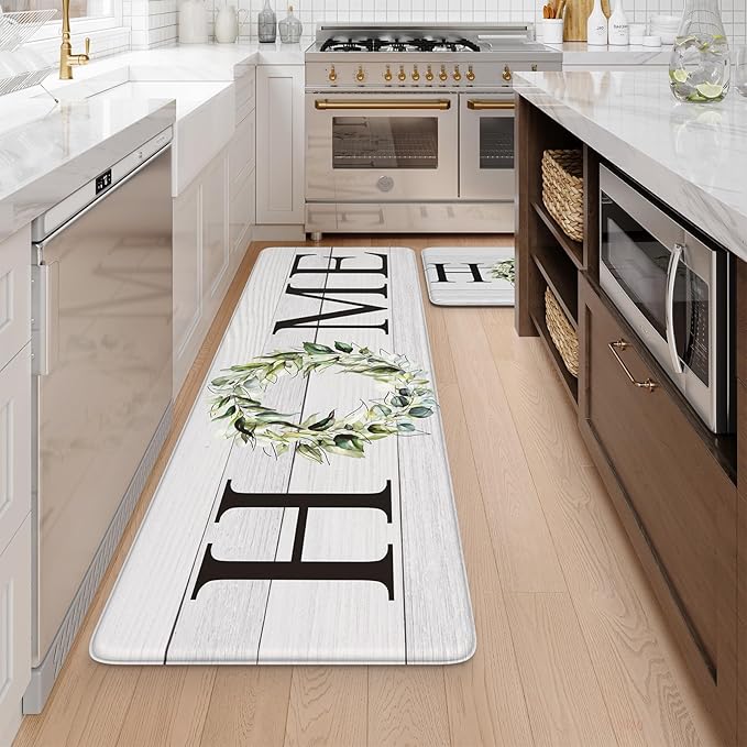 KIMODE Anti Fatigue Kitchen Rugs Sets of 2, Non Slip Waterproof Kitchen Mat, Farmhouse Kitchen Runner Rug, Ergonomic Standing Kitchen Mats for Floor 2 Piece, 20" x 59" + 20" x 32", White