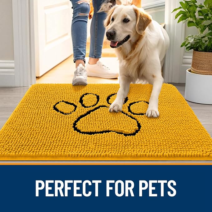 OLANLY Dog Door Mat for Muddy Paws 30x20, Paw Print Design, Absorbs Moisture and Dirt, Absorbent Non-Slip Washable Doormat, Quick Dry Chenille Mud Mat, Entry Indoor Entryway Carpet, Golden Yellow