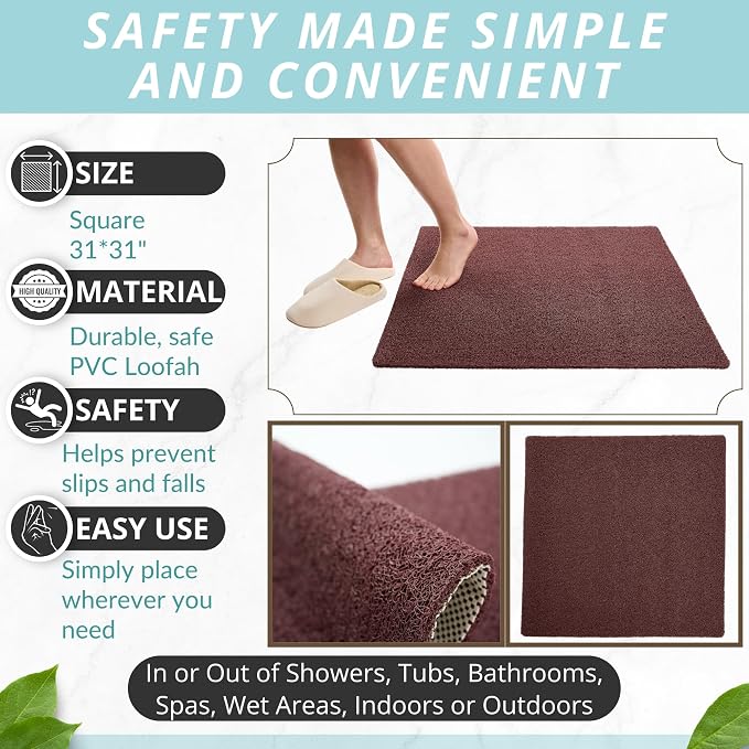 Square Shower Mat - Non Slip Shower Mats for Inside Shower - Extra Large 31x31 Shower Floor Mat Non Slip - Square Bath Mat for Shower - Secure Anti Slip Loofah Shower Bath Mat (31x31 Brown)