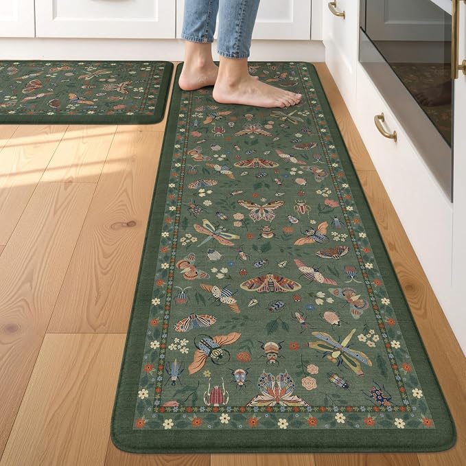 LEEVAN Anti Fatigue Mats for Kitchen Floor Non-Slip, Cushioned Kitchen Mats for Floor 17.3''x29''+17.3''x59'', Green Memory Foam Kitchen Mat Set