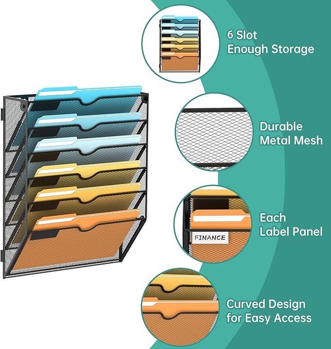 SUPEASY 6 Tier Wall File Organizer, Hanging Wall Mounted Mail Organizer with Label Slots, Metal Mesh File Holder Magazine Rack for Office, Home, School or Classroom, Black, 2Pack