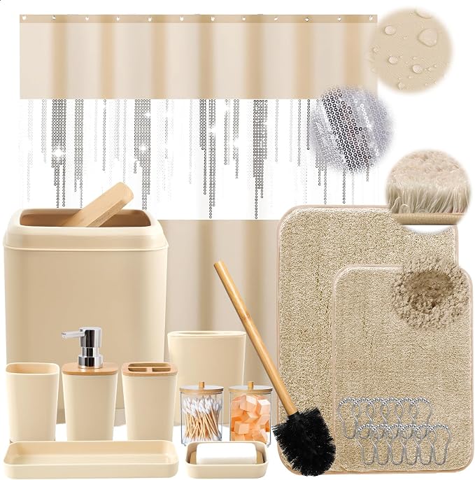Beige Bathroom Accessories Set with Glitter Shower Curtain and Rugs,Bathroom Sets with Extra Soft and Absorbent Bath Rugs Sequin Shower Curtain Green Bathroom Sets for Bath Decor