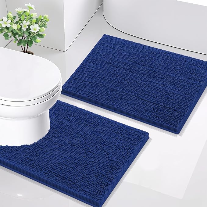 Smiry Bathroom Rugs Set 2 Piece, Soft Absorbent Chenille Bath Mat and U-Shaped Toilet Rug Set, Non Slip Shaggy Bath Carpet for Tub, Shower and Floor (24x16+24x20, Royal Blue)