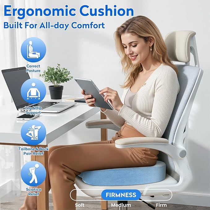 XXL Seat Cushion Office Car Seat Cushion, Memory Foam Cushion for Office Chair, Car Seat, Airplane, Bleacher Non-Slip Chair Pad (Light Blue