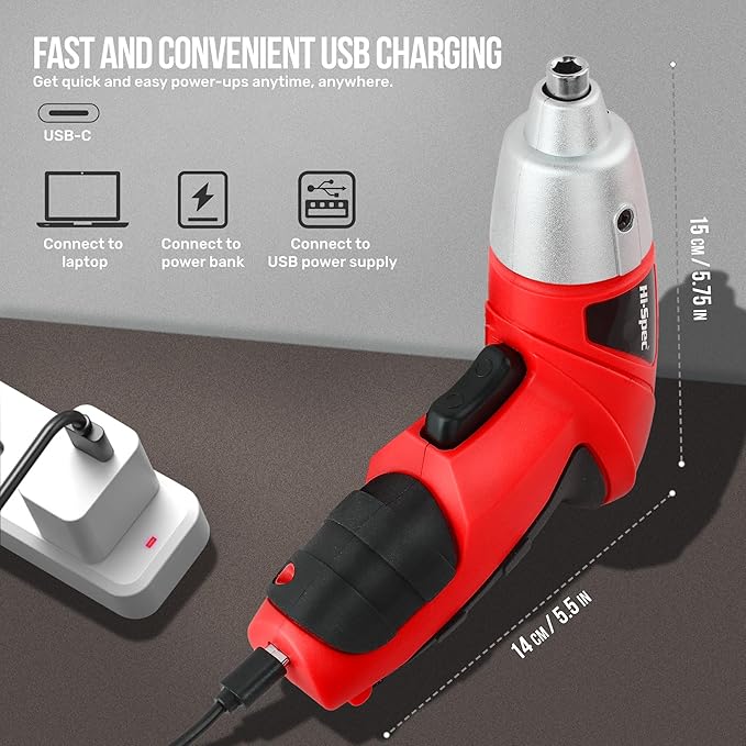 Hi-Spec 19pc 3.6V USB Small Power Screwdriver & Home DIY Tool Kit Set. Cordless & Rechargeable Electric Screwdriver and Compact Hand Tool Box Set,Red