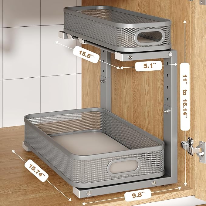 2 Pack 15.7IN-Depth Under Sink Organizer With Smooth Cylindrical Rail,2-Tier Pull Out Multi-Purpose Cabinet Storage for Bathroom&Kitchen,Height Adjustable,Rust-resistant Coating-Gun Gray