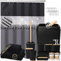 XLHOMO Black Bathroom Accessories with Glitter Shower Curtain,Towel Set 24 PCS Bathroom Set with Shower Curtain Set Bathroom Set Black Shower Curtain with Bathroom Trash Can