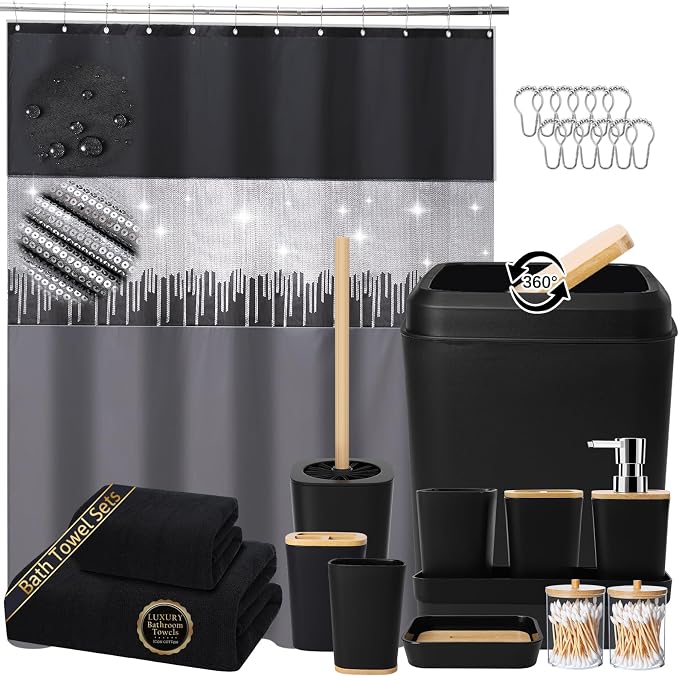 XLHOMO Black Bathroom Accessories with Glitter Shower Curtain,Towel Set 24 PCS Bathroom Set with Shower Curtain Set Bathroom Set Black Shower Curtain with Bathroom Trash Can
