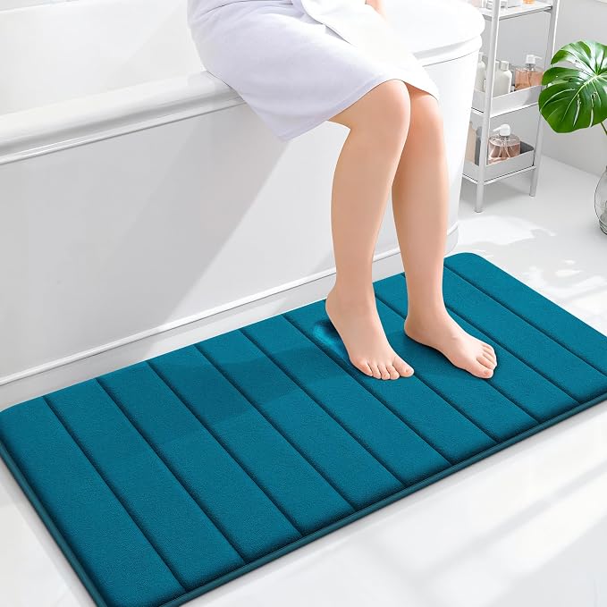 OLANLY Memory Foam Long Bathroom Rugs Runner 44x20, Super Soft Absorbent Bath Mat, Quick Dry, Machine Washable Shower Floor Rugs, Bathmat Carpet, Bathroom Home Decor Accessories, Peacock Blue