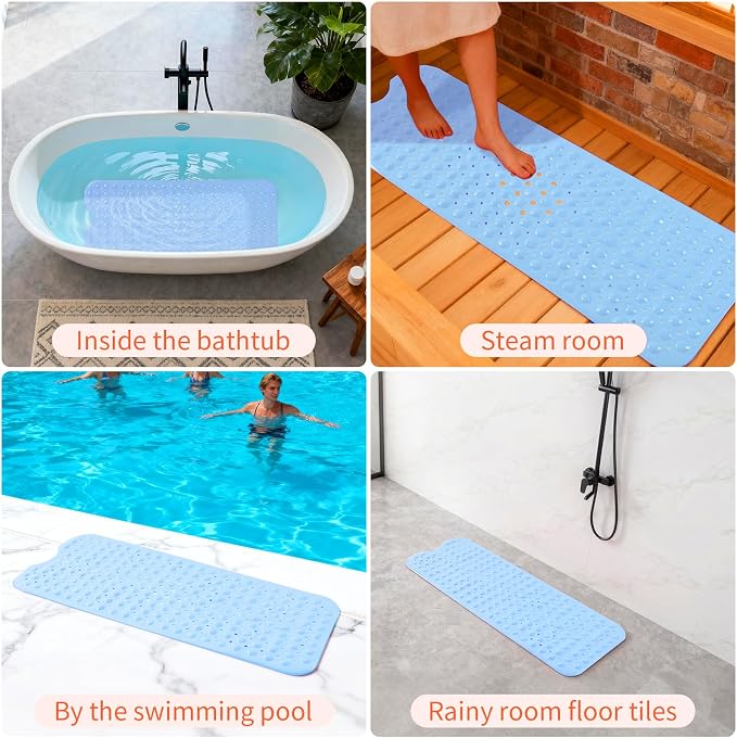 Anti-Slip Bathtub Shower mat, 40×16 inch（ 100 × 40cm） Soft Oversized Machine Washable Non-Slip Bathtub mat with Drainage Holes, Bathroom Floor Suction Cup.（1-Opaque Light Blue）