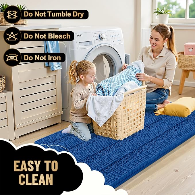 OLANLY Thick Bathroom Runner Rugs 44x24, Extra Absorbent Chenille Striped Bath Rugs, Rubber Backing, Machine Wash, Long Bath Mats for Bathroom, Tub and Shower, Home Decor Accessories, Deep Navy Blue