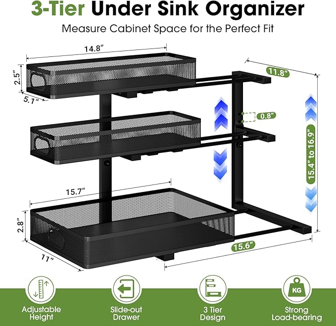 Under Sink Organizer 3 Tier, 2 Pack L-Shaped Pull-Out Cabinet Organizer with Sliding Metal Mesh Drawers, Height Adjustable Under Sink Storage Rack for Kitchen Bathroom Cabinet, Black