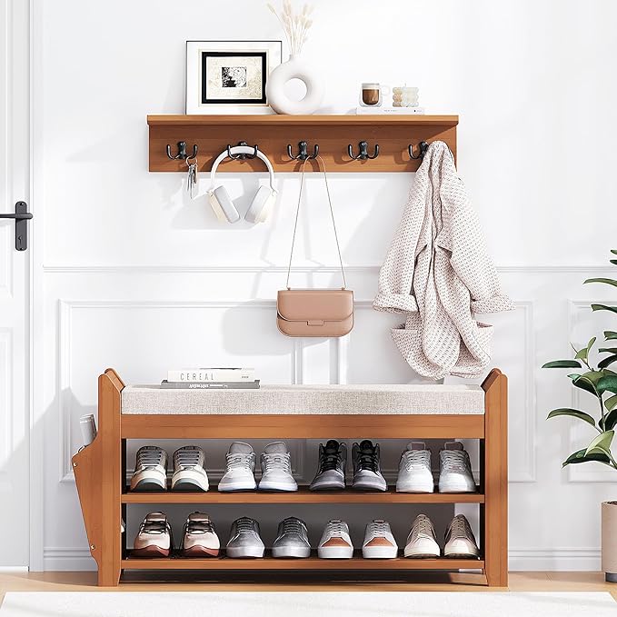 PETKABOO 31.5" Shoe Bench with Coat Rack Hidden Drawer and Side Holder, 2 Tier Entryway Bench with Storage 39.4 in, Bamboo Shoe Rack with Cushion for Entryway Hallway Living Room Bedroom