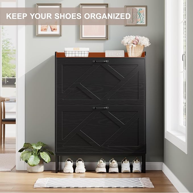 Nicetree Shoe Storage Cabinet with 2 Flip Drawers, Freestanding Shoe Organizer, Shoe Cabinet with Metal Legs, Farmhouse Slim Shoe Cabinet for Entryway, Foyer, Hallway, Black