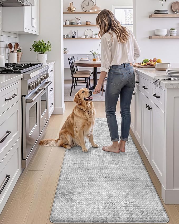 DEXI Kitchen Mats Cushioned Anti Fatigue, 23x59 Floor Padded Runner Rug Non Slip, Waterproof Standing Comfort Memory Foam for Front Sink Laundry, Light Grey