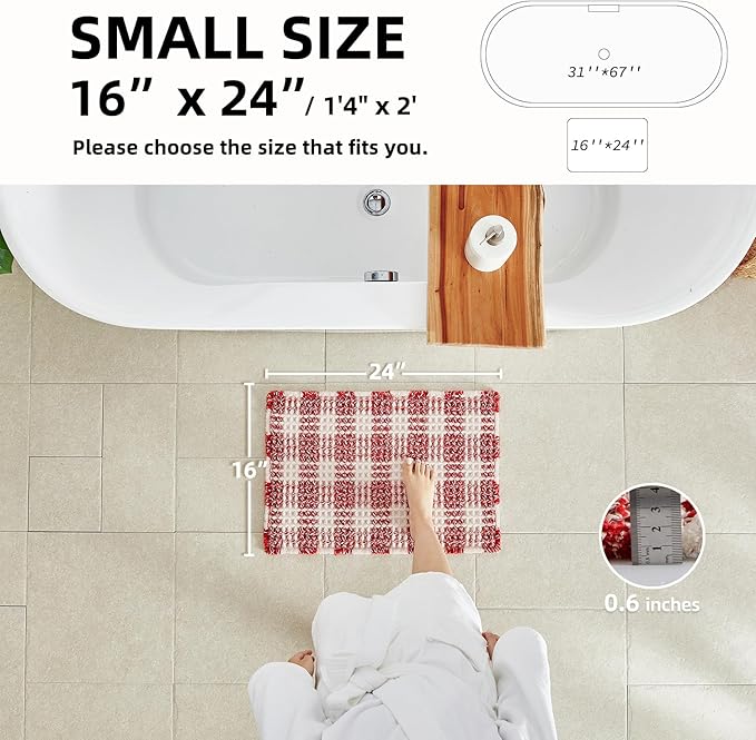 TYUU Waffle Bath Mat, Boho Christmas Bathroom Rugs Non Slip Washable Absorbent Checkered Bathroom Mat Quick Dry Cute Bath Mat, 24"x16" Red and White
